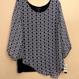 AB Studio Women's Blouse Blue/black/white, Diamond Pattern, (NWT) Size XL